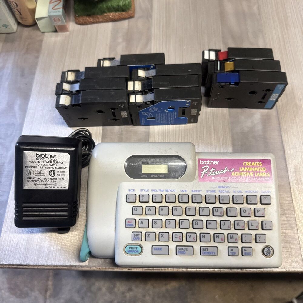 Brother PTouch PT 12 Label Maker Lot Of 10 Ink 7 Black/3 Color And Power Supply